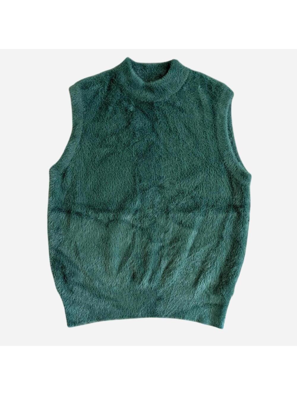 Fuzzy and Soft Sleeveless Dark Green Mock Neck Sweater Vest Medium